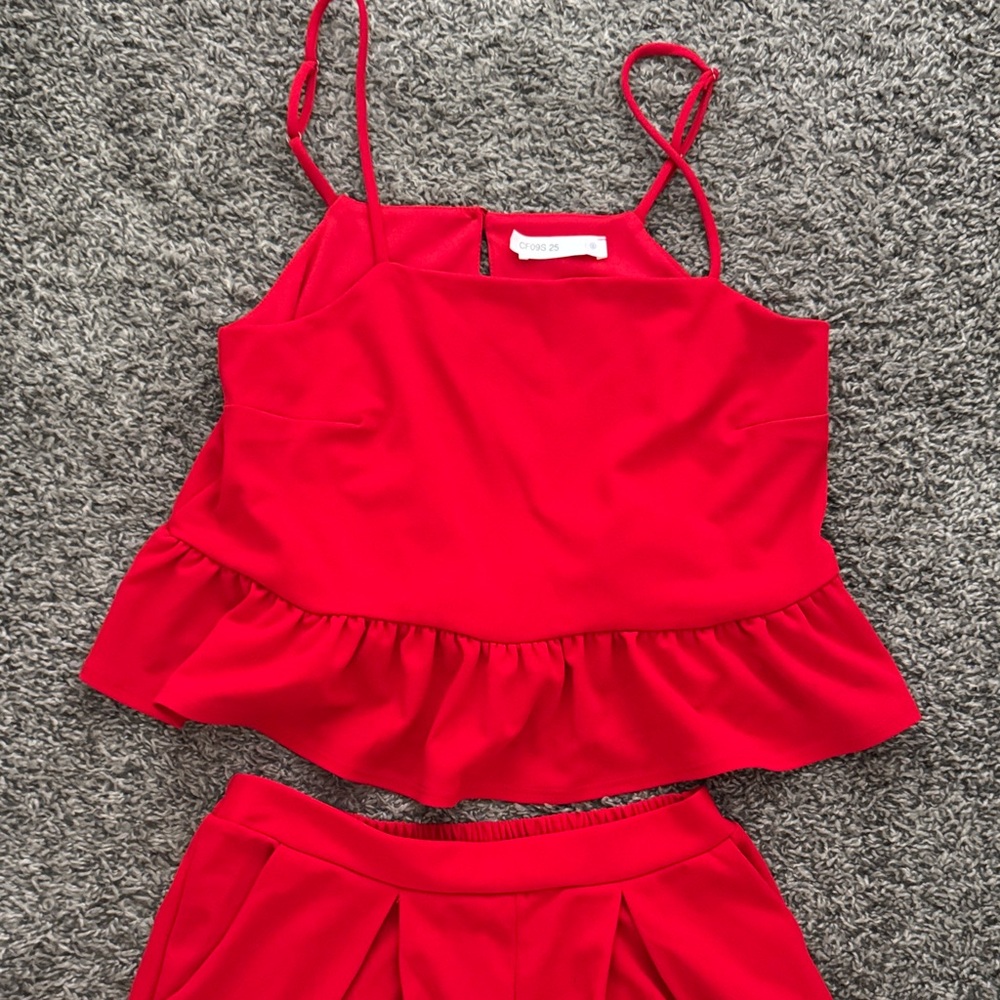Red Ruffle Crop Top and Pants Set - Picture 2 of 8